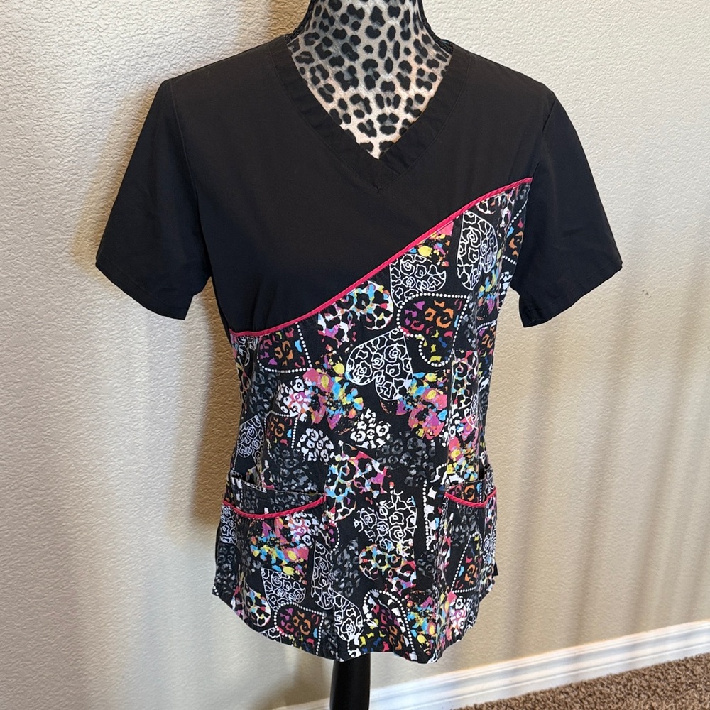 Black and Multicolor Women's Scrub Top